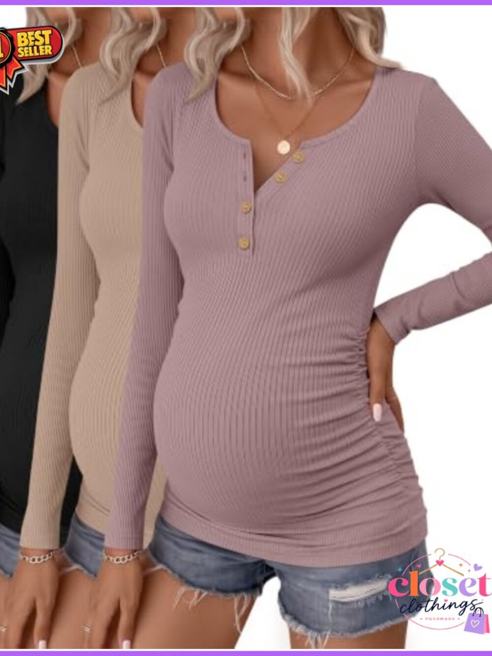 Maternity Long Sleeve Henley T-Shirt 3-Pack Cotton Spandex Nursing Pregnancy Top